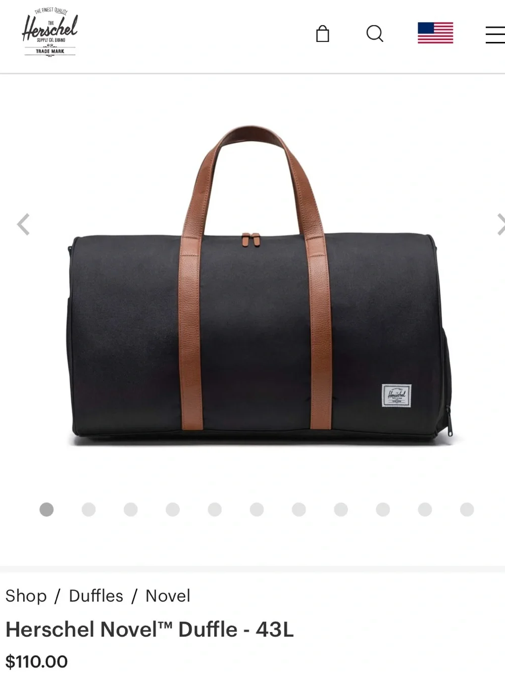 *NWT* Herschel Supply Company Novel Black Duffel with Brown Leather Handles